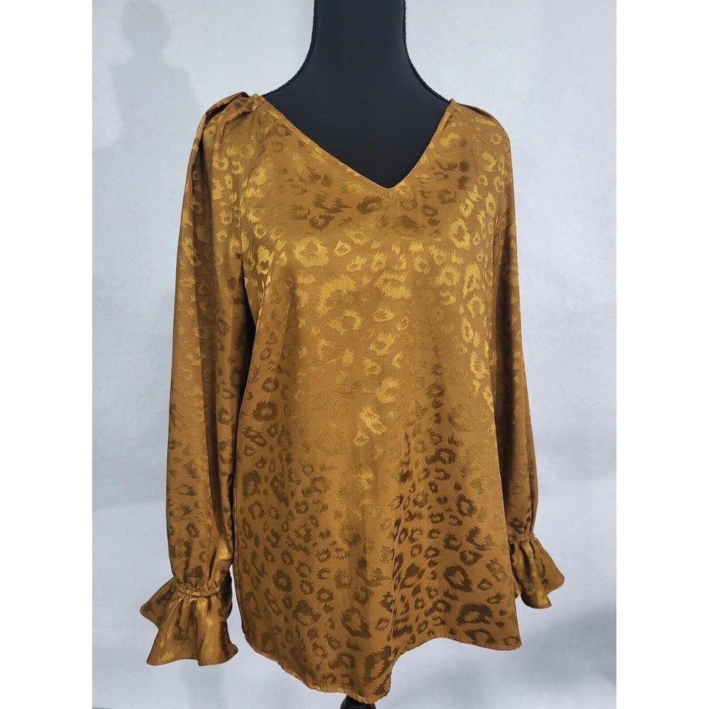 BarIII Leopard Print Party Top Blouse Long Sleeve Ruffle Cuff V Neck Size S - Picture 1 of 7